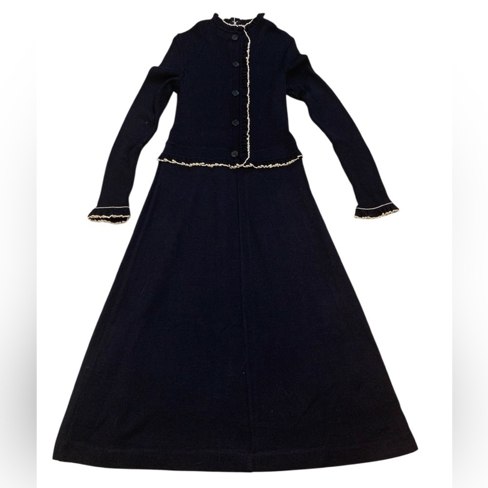 Vintage 60s/70s Navy Blue Knit Ruffle Trim Maxi Dress Small